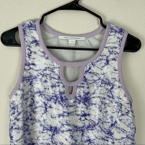 Diane Von Furstenberg Sequin Party Tie Dye Purple Tank Top Work Blouse Sz 4 - Picture 8 of 10